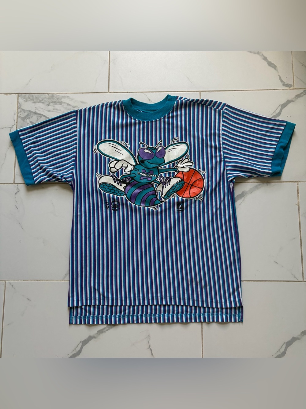 Vintage 1990s 90s Charlotte Hornets Pinstripe T Shirt Tee Size M Teal Purple